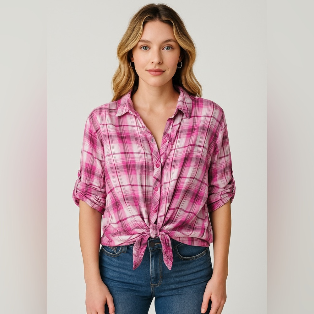 Bit and Bridle Size L Plaid Button-Down Shirt - Pink and White Tab top Sleeves